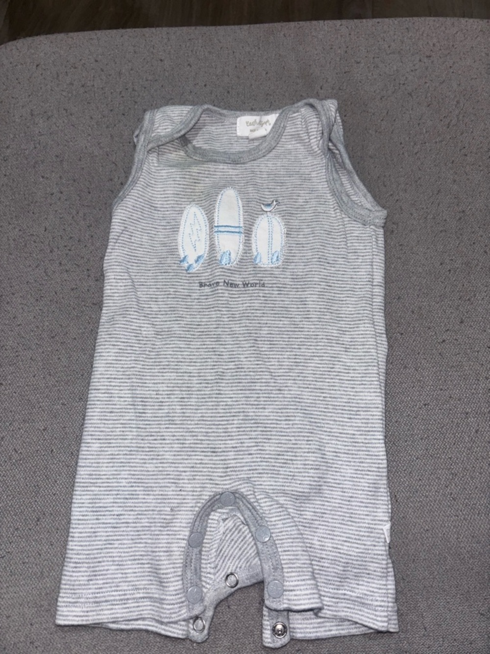 Gray Striped Baby Romper with Surfboard Appliqué